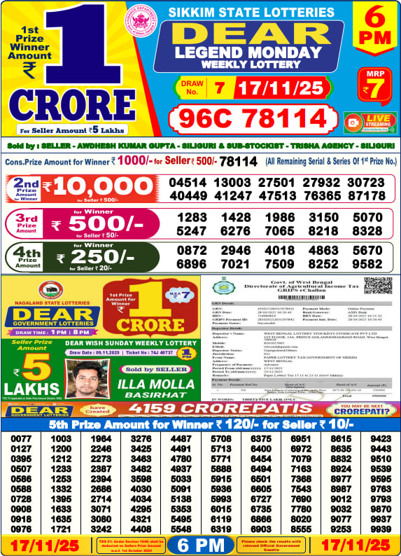 Dear Lottery 6 PM Result Today
